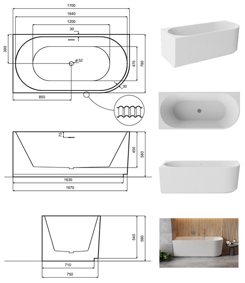 Denaya Besco B&W czarno-biała wanna wolnostojąca 170 cm lewa syfon czarny WASB-170DLB