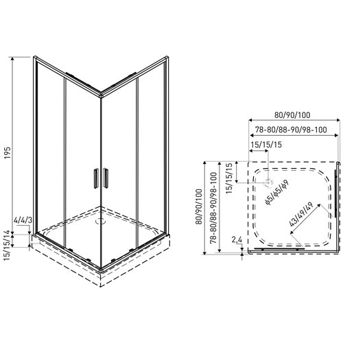 Kabina prysznicowa kwadratowa z brodzikiem 80x80 SQ Solid BL Kerra