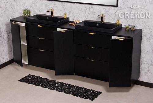 Czarna matowa szafka łazienkowa z dwiema czarnymi umywalkami 210 cm Liv 2 Victa