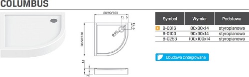 Brodzik półokrągły 80x80 na nośniku Columbus B-0316