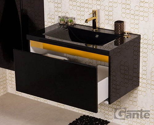 Czarna szafka z czarną umywalką złoty uchwyt 80 cm seria Diamond Gold Gante C