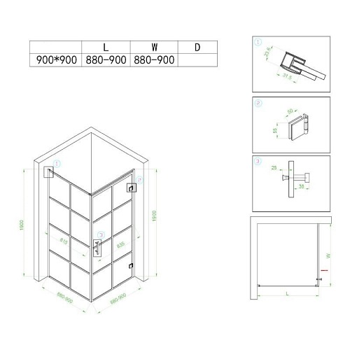 Kabina prysznicowa loft kwadratowa 90x90 czarne szprosy na szkle BS10B
