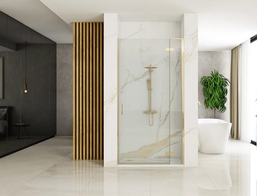 Drzwi prysznciowe do wnęki 90 cm szczotkowane złoto uchylne Hugo Rea Gold