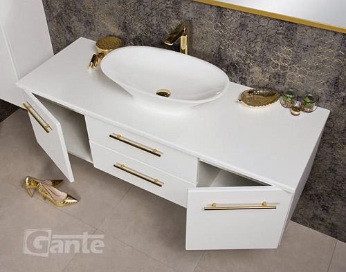 Szafka wisząca biały mat z umywalką nablatową 140/50 cm Belli Gold Gante