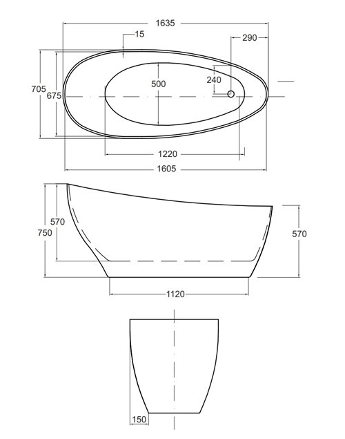 Matowa wanna wolnostojąca + klik-klak złoty Keya Matt Besco 165x70 cm WMMB-165KKG