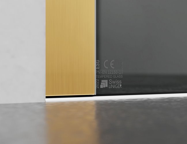 Drzwi prysznicowe rozsuwane prawe/lewe do wnęki 131-137 cm szkło 8mm grafitowe profile złoty mat Swiss Liniger