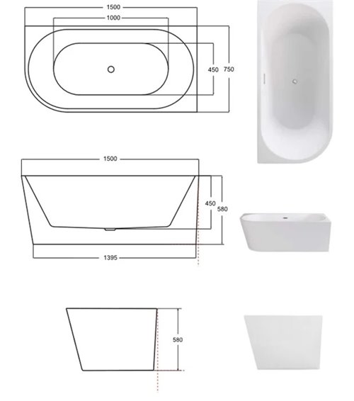 Wanna przyścienna narożna prawa syfon z przelewem czarny mat 150 cm Zoya Besco WAS-150-ZPC