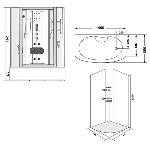 Kabina prysznicowa z sauną i hydromasażem prostokątna 140x85 MO-09913DS