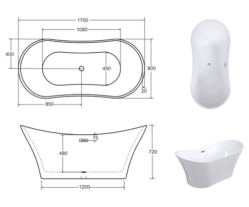 Czarno-biała wanna wolnostojąca 170 cm korek klik-klak chrom Amber Besco #WAS-170BABB