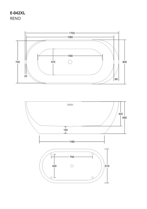 Wanna akrylowa, wolnostojąca Reno Corsan 170 cm korek klik-klak grafit