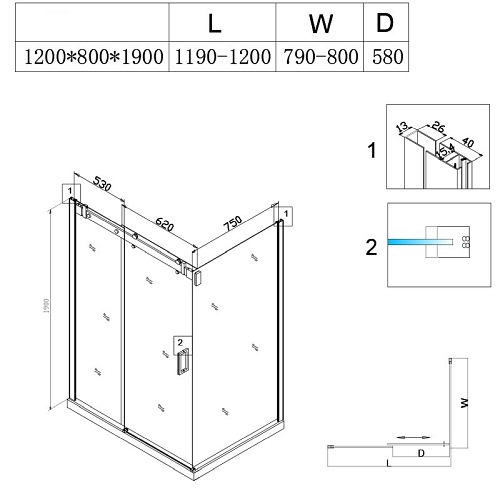 Czarna kabina prysznicowa prostokątna 120x80 szkło 8mm BS15C