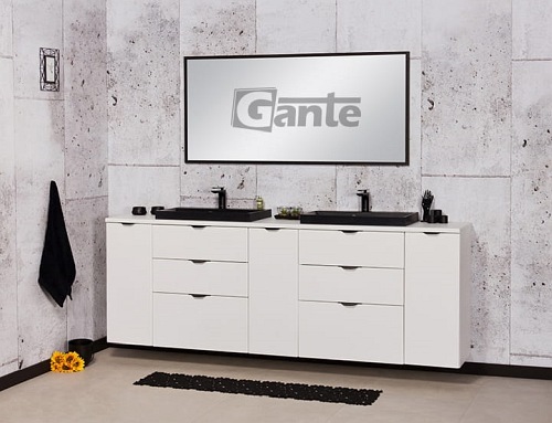 Biała matowa szafka łazienkowa z dwiema czarnymi umywalkami 210 cm Liv 2 Victa