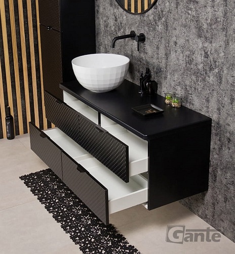 Szafka łazienkowa wisząca z umywalką 120 cm szklane fronty czarny uchwyt Glow Gante