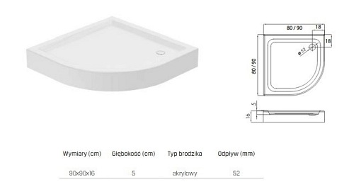Brodzik półokrągły 90x90 BL-0008 New Trendy