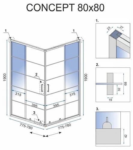 Kabina prysznicowa kwadratowa 80x80 Concept Rea