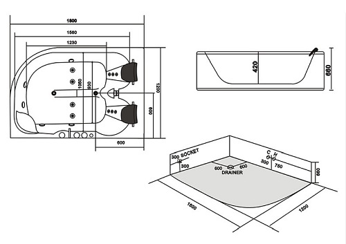 Wanna z hydromasażem Carmen 631 P 180x120