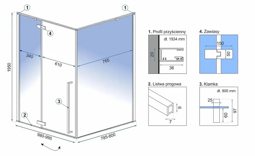 Kabina prostokątna złote okucia 100x80 Rea Fargo