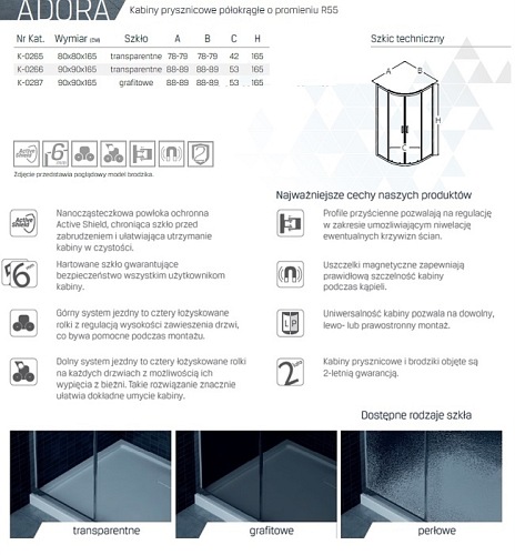 Kabina prysznicowa 80x80x165 cm K-0265 Adora New Trendy