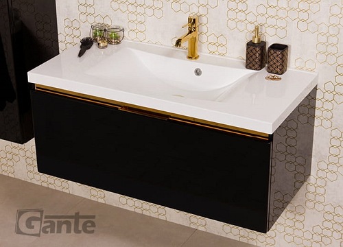 Czarna szafka z umywalką złoty uchwyt 100 cm seria Diamond Gold Gante C
