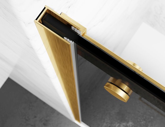 Drzwi prysznicowe rozsuwane prawe/lewe do wnęki 111-117 cm szkło 8mm grafitowe profile złoty mat Swiss Liniger