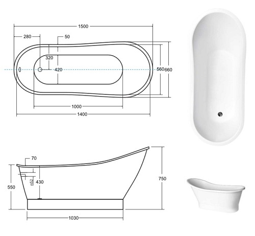 Matowa wanna wolnostojąca 150 cm syfon klik-klak czarny Gloria Besco WMMB-150GLB