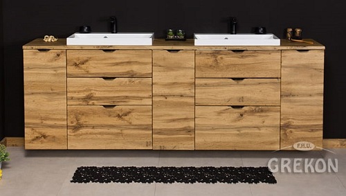 Szafka łazienkowa z umywalkami nablatowymi dąb naturalny 210 cm Victa Gante