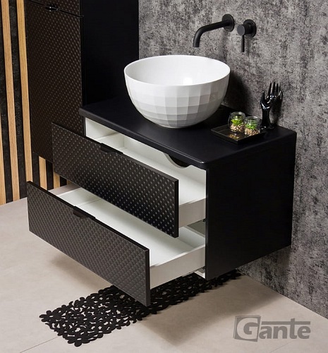 Szafka łazienkowa wisząca z umywalką 80 cm szklane fronty czarny uchwyt Glow Gante