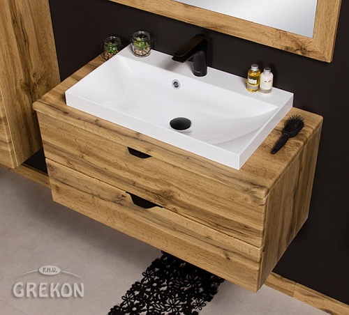 Szafka łazienkowa wisząca z umywalką nablatową dąb naturalny 80 cm Victa Gante