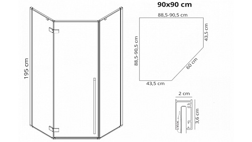 Czarna kabina prysznicowa pięciokątna 90x90 Diamond Rea