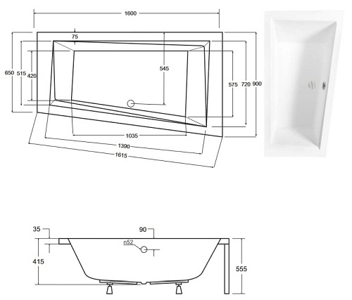 Wanna asymetryczna Intima Besco prawa 160x90 cm