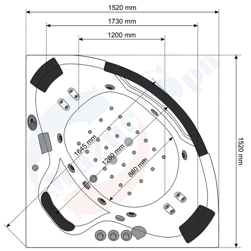 Czarna wanna z hydromasażem narożna Turbo+ 152x152 cm MO-1004