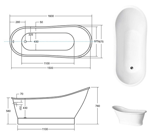 Czarno-biała wanna wolnostojąca 160 syfon klik-klak biały Gloria Besco
