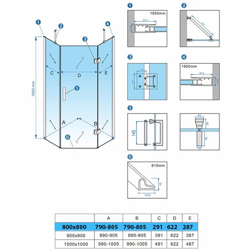 Chromowana kabina prysznicowa pięciokątna 80x80 drzwi uchylne KZ10A