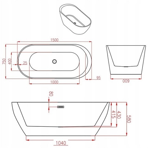 Wanna wolnostojąca biała przelew i korek biały 150 cm Porto Hydrosan