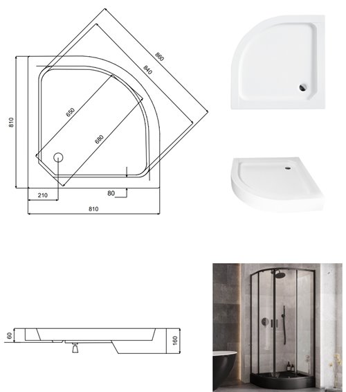 Zarya Besco czarna kabina prysznicowa 80x80 powłoka ProClean + biały brodzik 15 cm Alex