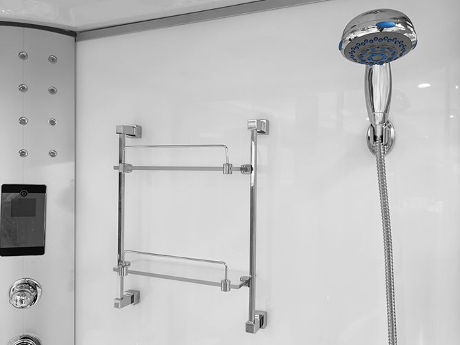 Biała kabina prysznicowa z hydromasażem + sauna na niskim brodziku 120x85 prawa MO-09914PBS