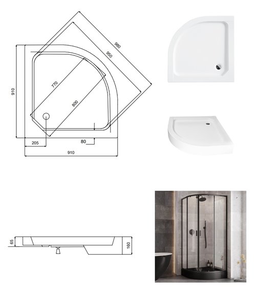 Zarya Besco czarna kabina prysznicowa 90x90 powłoka ProClean + biały brodzik 15 cm Alex