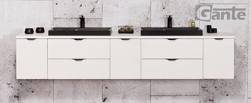 Biała matowa szafka łazienkowa z dwiema czarnymi umywalkami 210 cm Liv Victa