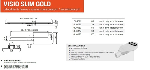 Visio Slim Gold New Trendy złoty odpływ liniowy 70 cm OL-0082 ruszt złoty szczotkowany mat