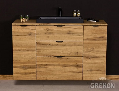 Szafka łazienkowa z czarną umywalką nablatową dąb naturalny 120 cm Victa Gante