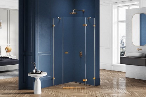 Złota szczotkowana kabina pięciokątna 80x80 prawa EXK-3852 Avexa New Trendy Gold Brushed