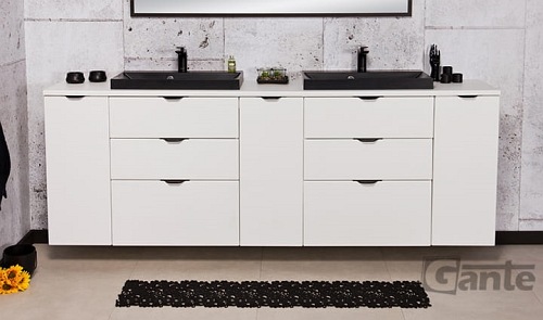 Biała matowa szafka łazienkowa z dwiema czarnymi umywalkami 210 cm Liv 2 Victa