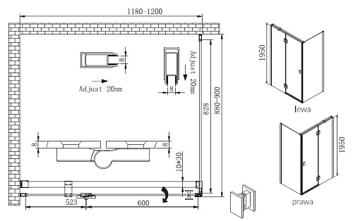 Kabina prostokątna szkło 8 mm, drzwi uchylne 90x120 Faro