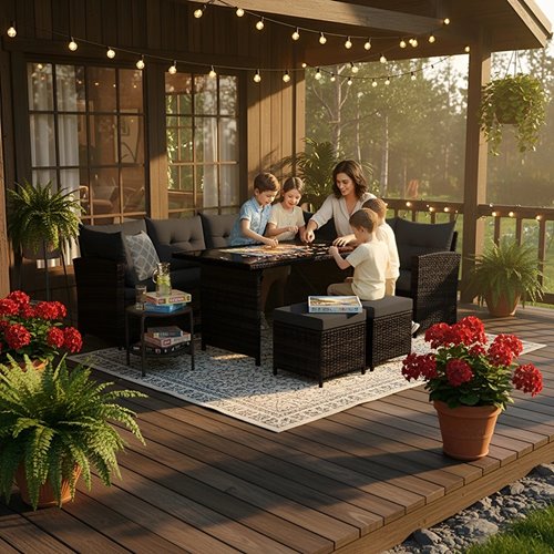 Zestaw mebli ogrodowych z technorattanu narożnik, stół, pufy Toledo brąz zdjęcie 18