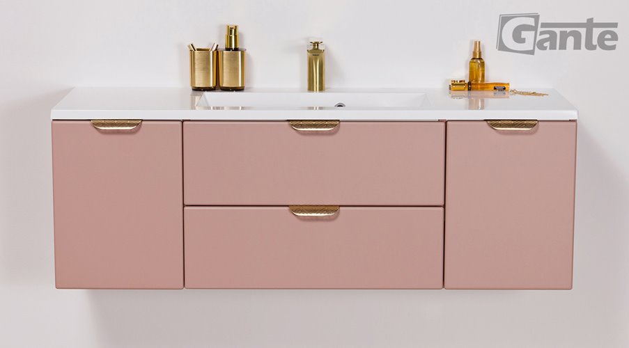 Szafka łazienkowa pudrowy róż z umywalką złoty uchwyt 120 cm Magnolia Gante