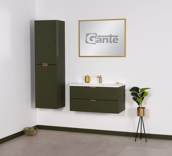 Oliwkowa szafka łazienkowa wisząca z umywalką złoty uchwyt 80 cm Magnolia