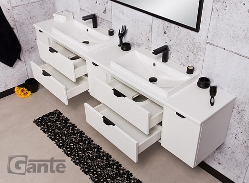 Biała matowa szafka łazienkowa z dwiema umywalkami 210 cm Liv Victa