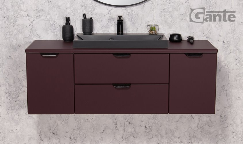 Burgundowa szafka łazienkowa wisząca z czarną umywalką nablatową czarny uchwyt 120 cm Magnolia
