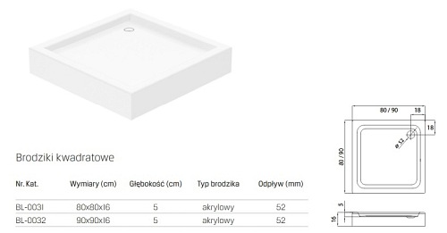 Brodzik kwadratowy 80x80 BL-0031 New Trendy