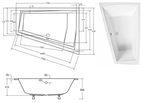 Wanna do zabudowy asymetryczna Intima Duo Slim Besco lewa 170x125 cm